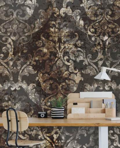 dunkles Vintage-Tapeten-Wandbild namens Distressed Dark Damask für Schlafzimmer, Wohnzimmer und Flure