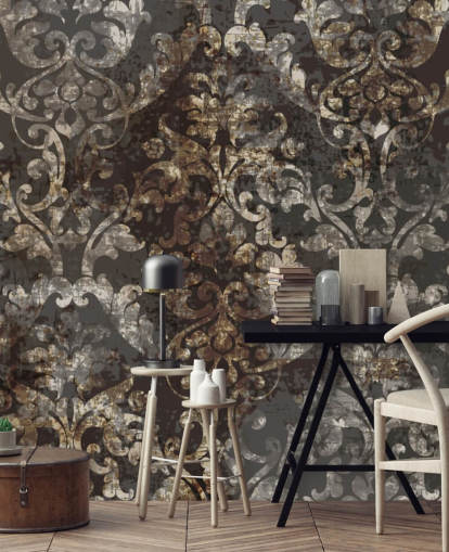 dark vintage wallpaper mural called Distressed Dark Damask for bedrooms, living rooms and hallways