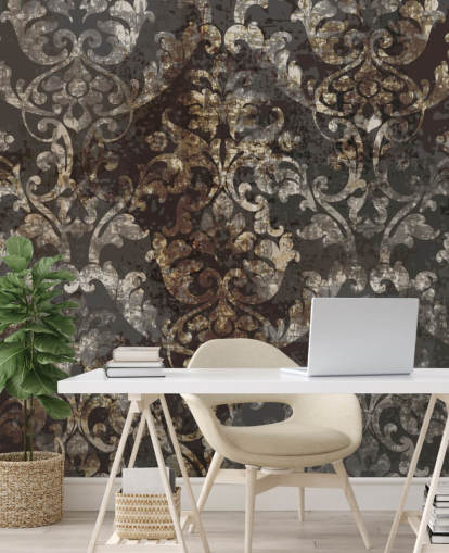 mørkt vintage tapetmaleri kaldet Distressed Dark Damask til soveværelser, stuer og gange