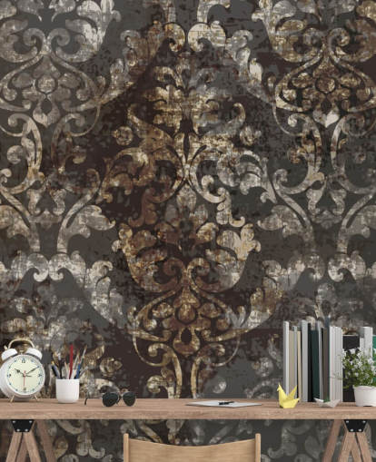 mørkt vintage tapetmaleri kaldet Distressed Dark Damask til soveværelser, stuer og gange