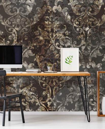 mural de papel pintado vintage oscuro llamado Distressed Dark Damask para dormitorios, salas de estar y pasillos