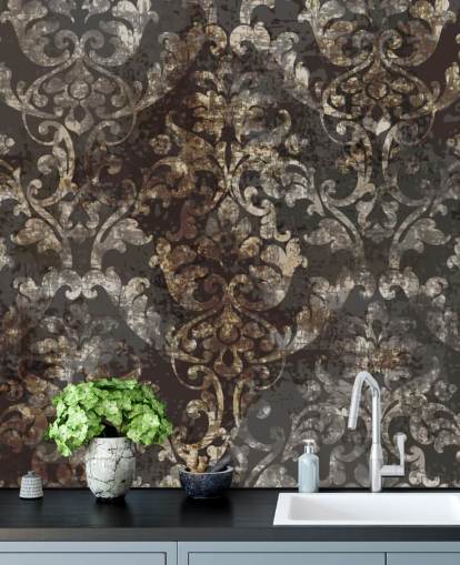 mørkt vintage tapetmaleri kaldet Distressed Dark Damask til soveværelser, stuer og gange