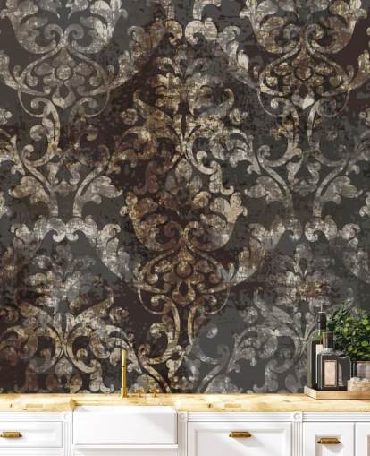 dark vintage wallpaper mural called Distressed Dark Damask for bedrooms, living rooms and hallways