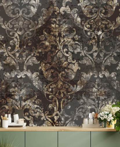 mural de papel de parede vintage escuro chamado Distressed Dark Damask para quartos, salas de estar e corredores