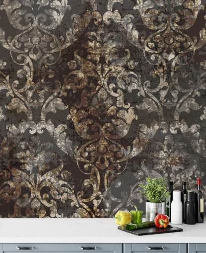dunkles Vintage-Tapeten-Wandbild namens Distressed Dark Damask für Schlafzimmer, Wohnzimmer und Flure