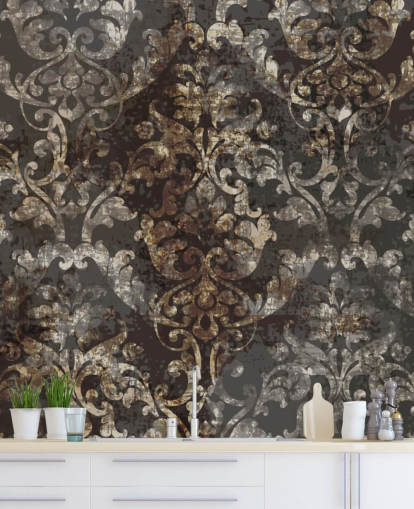 donkere vintage behangmuurschildering genaamd Distressed Dark Damask voor slaapkamers, woonkamers en gangen donkere vintage behangmuurschildering genaamd Distressed Dark Damask voor slaapkamers, woonkamers en gangen