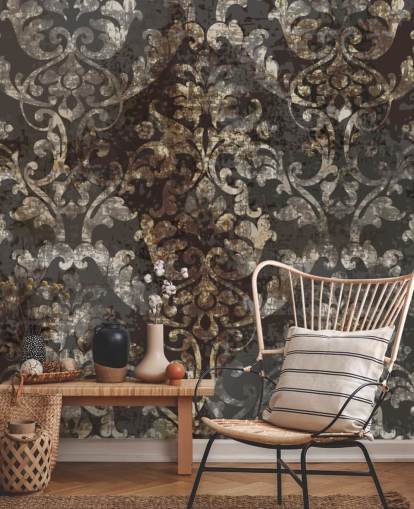 papier peint mural vintage foncé appelé Distressed Dark Damask pour les chambres, les salons et les couloirs