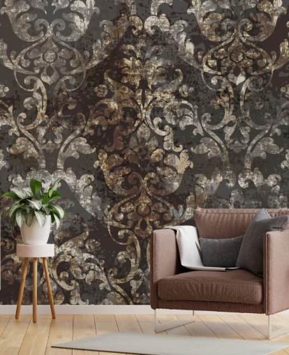 mørkt vintage tapet veggmaleri kalt Distressed Dark Damask for soverom, stuer og ganger mørkt vintage tapet veggmaleri kalt Distressed Dark Damask for soverom, stuer og ganger