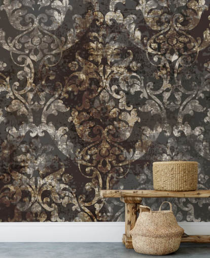 dark vintage wallpaper mural called Distressed Dark Damask for bedrooms, living rooms and hallways