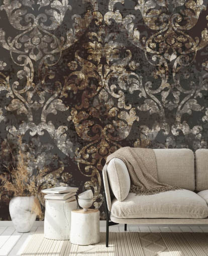 mural de papel pintado vintage oscuro llamado Distressed Dark Damask para dormitorios, salas de estar y pasillos