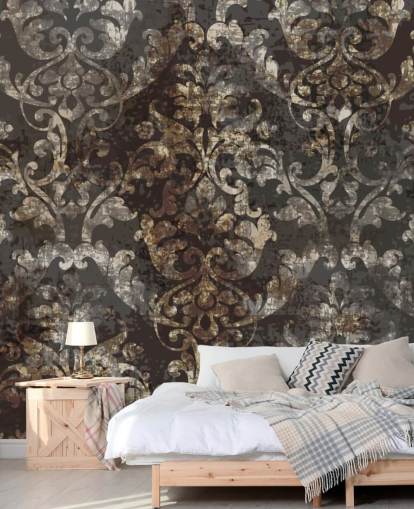 dark vintage wallpaper mural called Distressed Dark Damask for bedrooms, living rooms and hallways