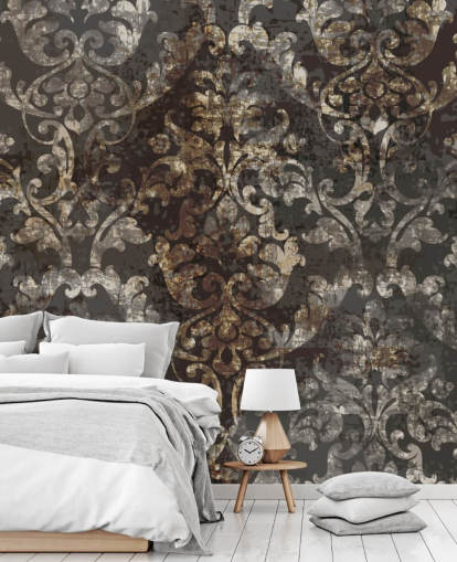 papier peint mural vintage foncé appelé Distressed Dark Damask pour les chambres, les salons et les couloirs