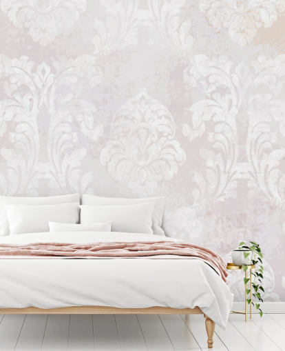 mural de papel de parede com padrão rosa claro chamado damasco barroco para quartos, salas de estar e cozinhas