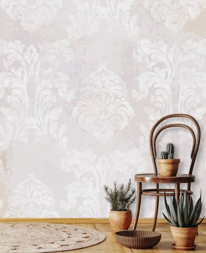 mural de papel pintado con estampado rosa claro llamado Damasco barroco para dormitorios, salas de estar y cocinas