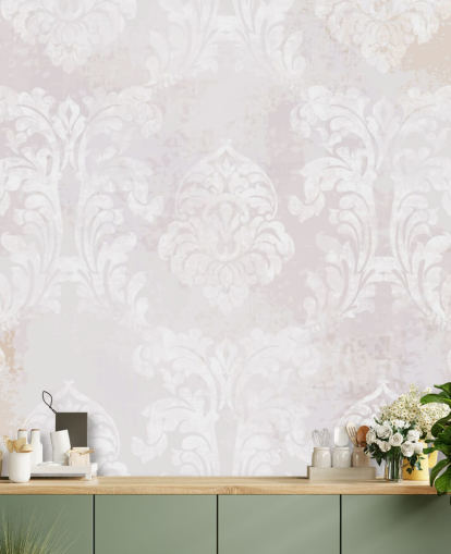 mural de papel pintado con estampado rosa claro llamado Damasco barroco para dormitorios, salas de estar y cocinas