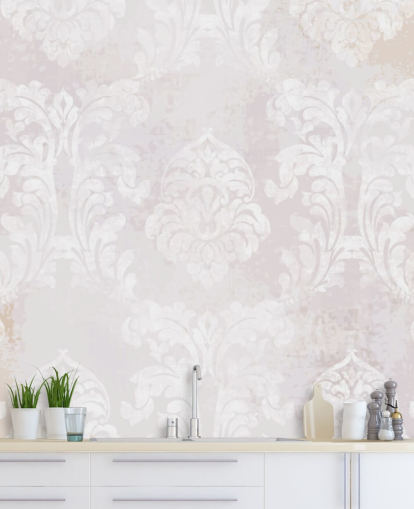 light pink pattern wallpaper mural called Baroque Damask for bedrooms, living rooms and kitchens