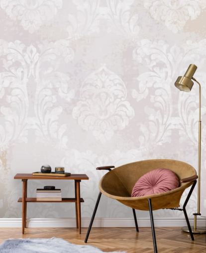 lichtroze behangmuurschildering met patroon genaamd Baroque Damask voor slaapkamers, woonkamers en keukens