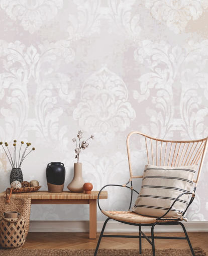 carta da parati murale con motivo rosa chiaro chiamato Baroque Damask per camere da letto, salotti e cucine