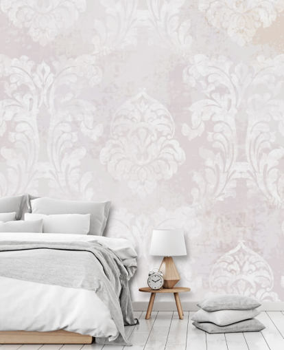 lichtroze behangmuurschildering met patroon genaamd Baroque Damask voor slaapkamers, woonkamers en keukens