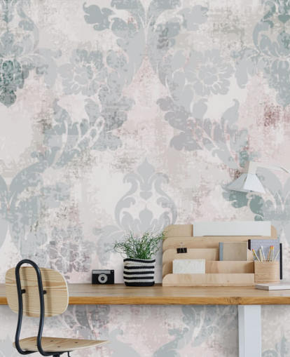 papel pintado de damasco verde claro y gris