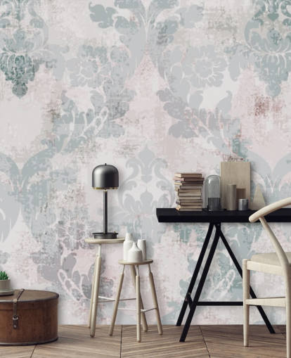 papel pintado de damasco verde claro y gris