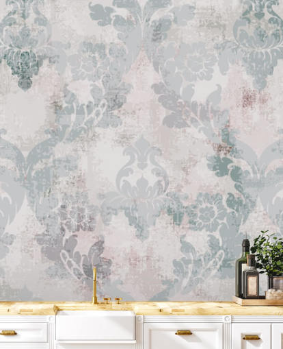 papel pintado de damasco verde claro y gris