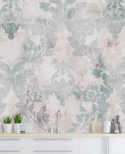 lysegrønn og grå damask tapet