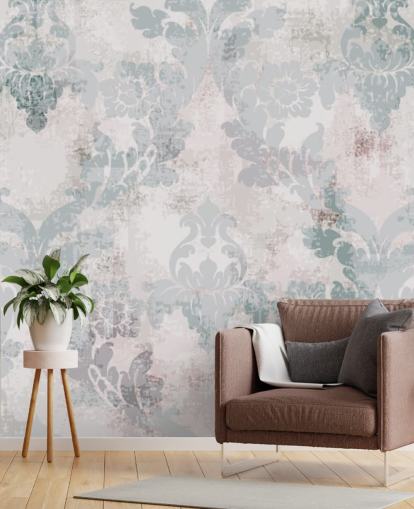 lysegrønn og grå damask tapet