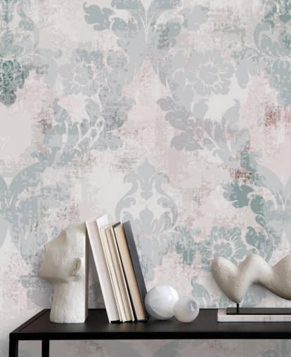 papel pintado de damasco verde claro y gris