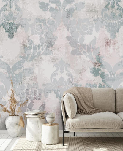 lysegrøn og grå damask tapet