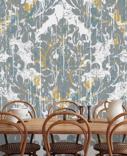 mural de papel de parede vintage cinza e dourado chamado Grunge Damask para quartos, salas de estar e cozinhas mural de papel de parede vintage cinza e dourado chamado Grunge Damask para quartos, salas de estar e cozinhas