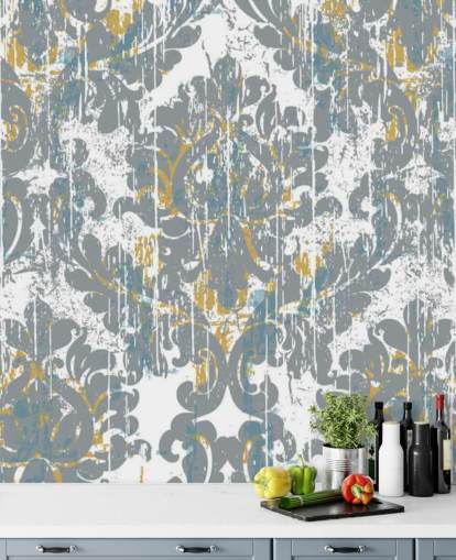 Graues und goldenes Vintage-Tapetenbild namens Grunge Damask für Schlafzimmer, Wohnzimmer und Küchen