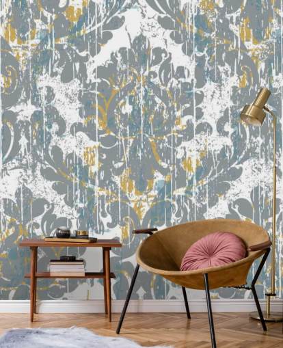 grå og guld vintage tapet vægmaleri kaldet Grunge Damask til soveværelser, stuer og køkkener