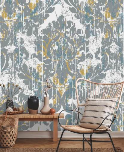 grå og guld vintage tapet vægmaleri kaldet Grunge Damask til soveværelser, stuer og køkkener