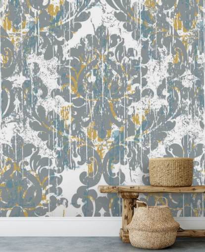 grå og guld vintage tapet vægmaleri kaldet Grunge Damask til soveværelser, stuer og køkkener grå og guld vintage tapet vægmaleri kaldet Grunge Damask til soveværelser, stuer og køkkener