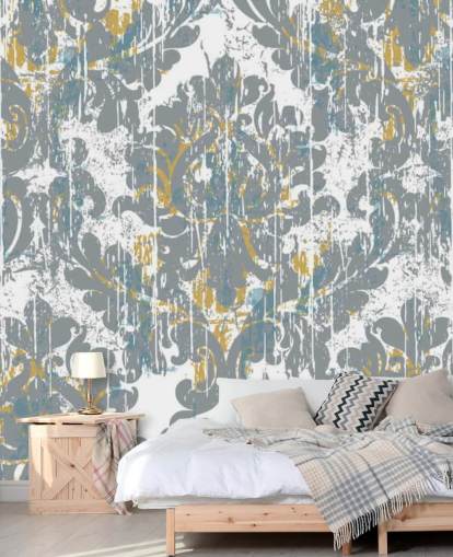 grå og gull vintage tapet veggmaleri kalt Grunge Damask for soverom, stuer og kjøkken