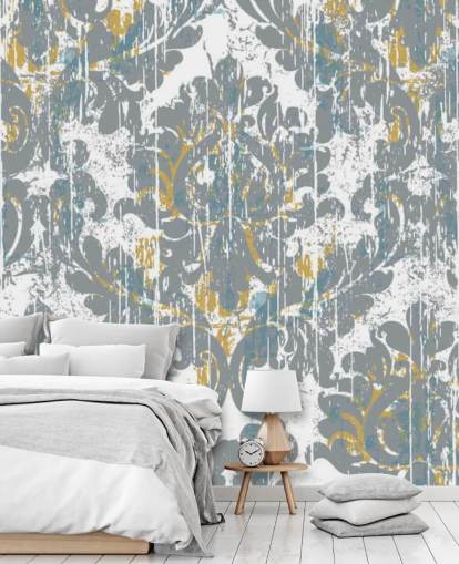 grey and gold vintage wallpaper mural called Grunge Damask for bedrooms, living rooms and kitchens
