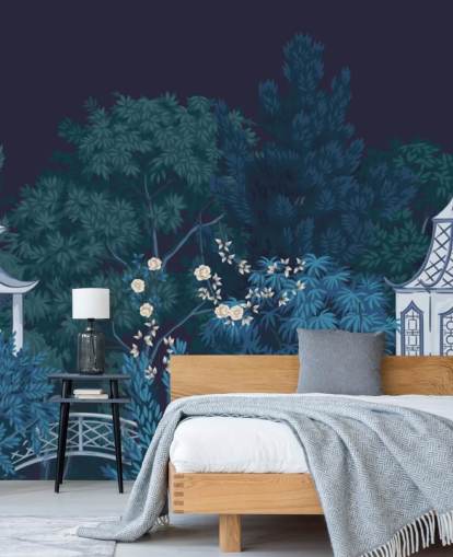 mørkt chinoiserie tapetmaleri kalt Chinoiserie Garden at Night for soverom