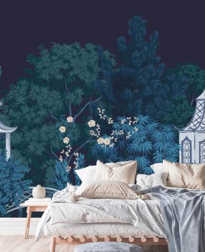 tumma chinoiserie-taustakuvamaalaus nimeltä Chinoiserie Garden at Night makuuhuoneisiin tumma chinoiserie-taustakuvamaalaus nimeltä Chinoiserie Garden at Night makuuhuoneisiin