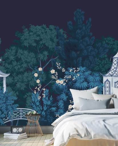 papier peint mural de chinoiserie foncée appelé Chinoiserie Garden at Night pour les chambres