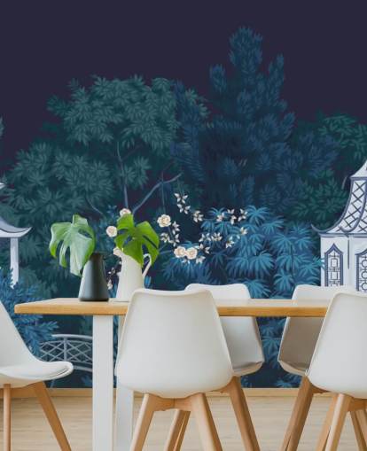 mørkt chinoiserie tapetmaleri kalt Chinoiserie Garden at Night for soverom