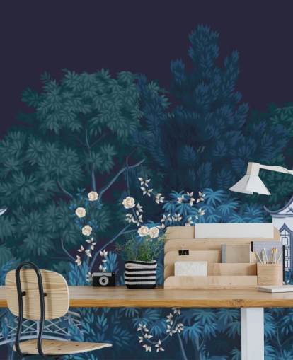 dark chinoiserie wallpaper mural called Chinoiserie Garden at Night for bedrooms