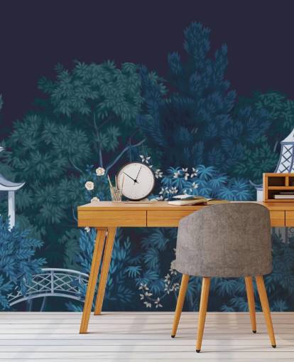 tumma chinoiserie-taustakuvamaalaus nimeltä Chinoiserie Garden at Night makuuhuoneisiin tumma chinoiserie-taustakuvamaalaus nimeltä Chinoiserie Garden at Night makuuhuoneisiin