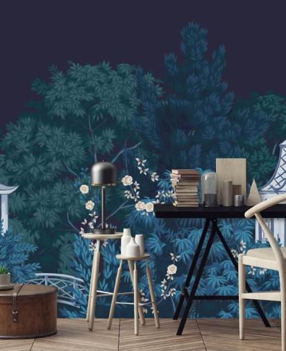 papier peint mural de chinoiserie foncée appelé Chinoiserie Garden at Night pour les chambres