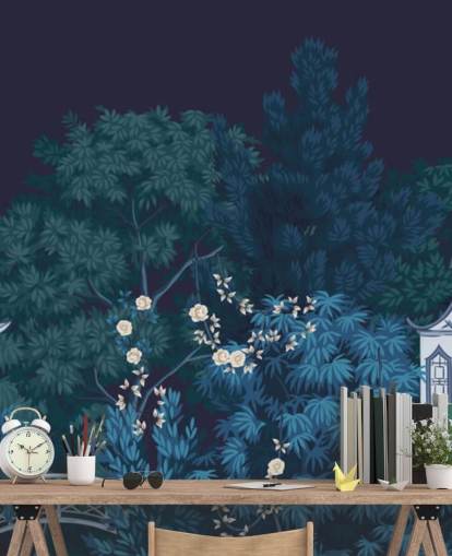 mural de papel pintado de chinoiserie oscuro llamado Chinoiserie Garden at Night para dormitorios