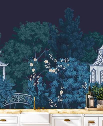 dark chinoiserie wallpaper mural called Chinoiserie Garden at Night for bedrooms