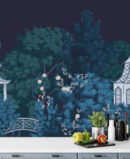 dark chinoiserie wallpaper mural called Chinoiserie Garden at Night for bedrooms