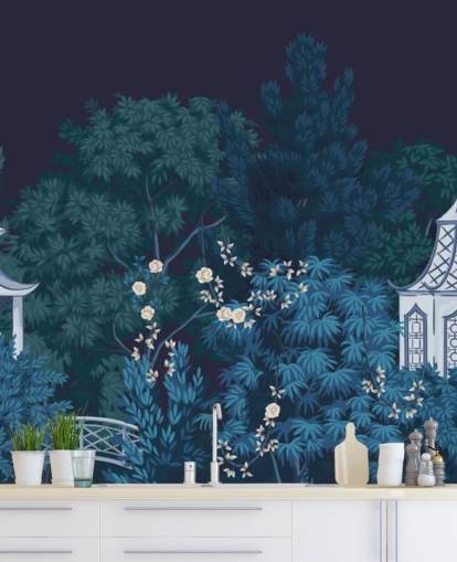 dark chinoiserie wallpaper mural called Chinoiserie Garden at Night for bedrooms