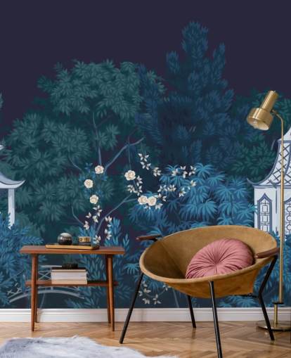 dark chinoiserie wallpaper mural called Chinoiserie Garden at Night for bedrooms