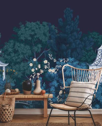 tumma chinoiserie-taustakuvamaalaus nimeltä Chinoiserie Garden at Night makuuhuoneisiin tumma chinoiserie-taustakuvamaalaus nimeltä Chinoiserie Garden at Night makuuhuoneisiin